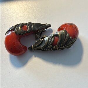 Vintage clip on earrings acrylic and bronze,  3” long